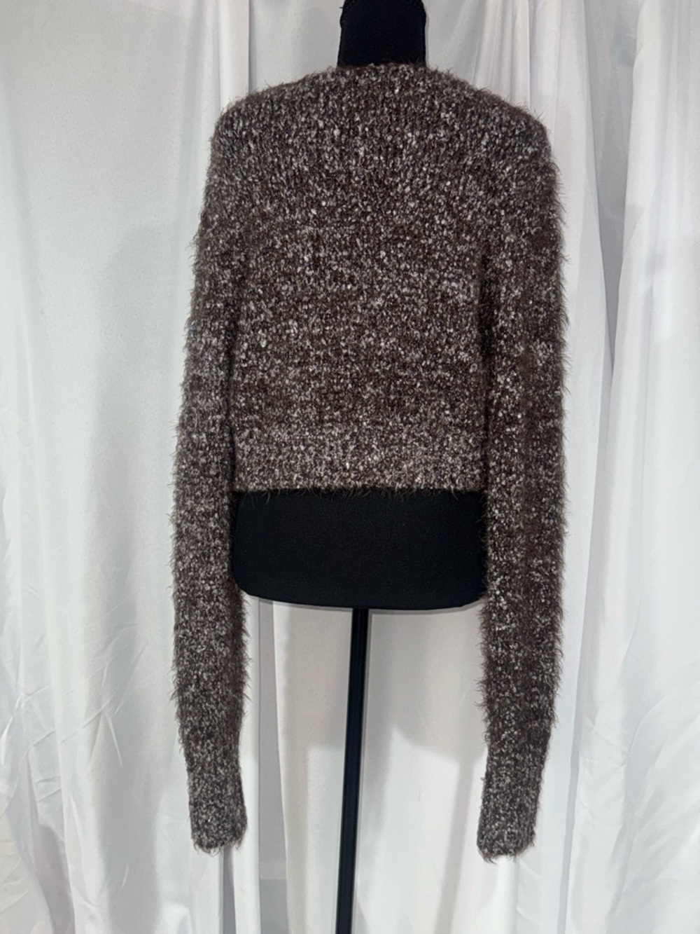 Free People Brown Fuzzy V-Neck Tie-Front Cardigan with Burgundy Ribbon - Picture 2 of 7